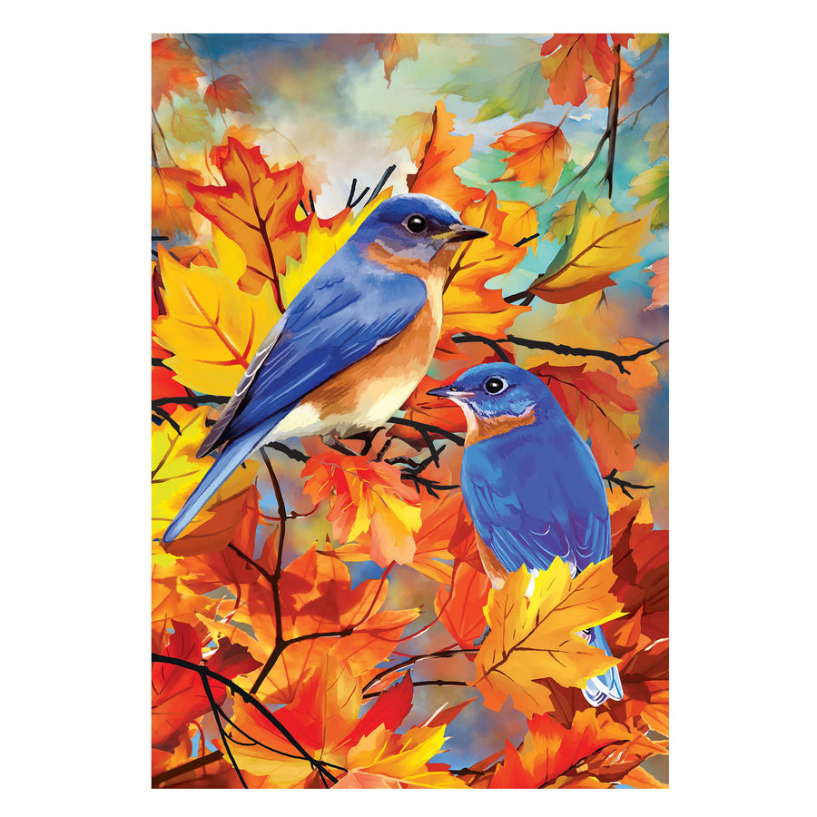 DRAPEAU DÉCORATIF - MERLES BLEUES PARMI LES FEUILLES