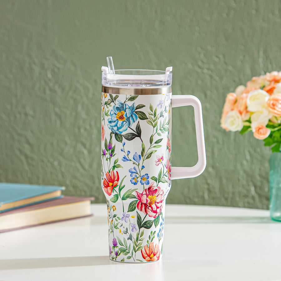 FLORAL PATTERN TUMBLER, DOUBLE WALL STAINLESS STEEL