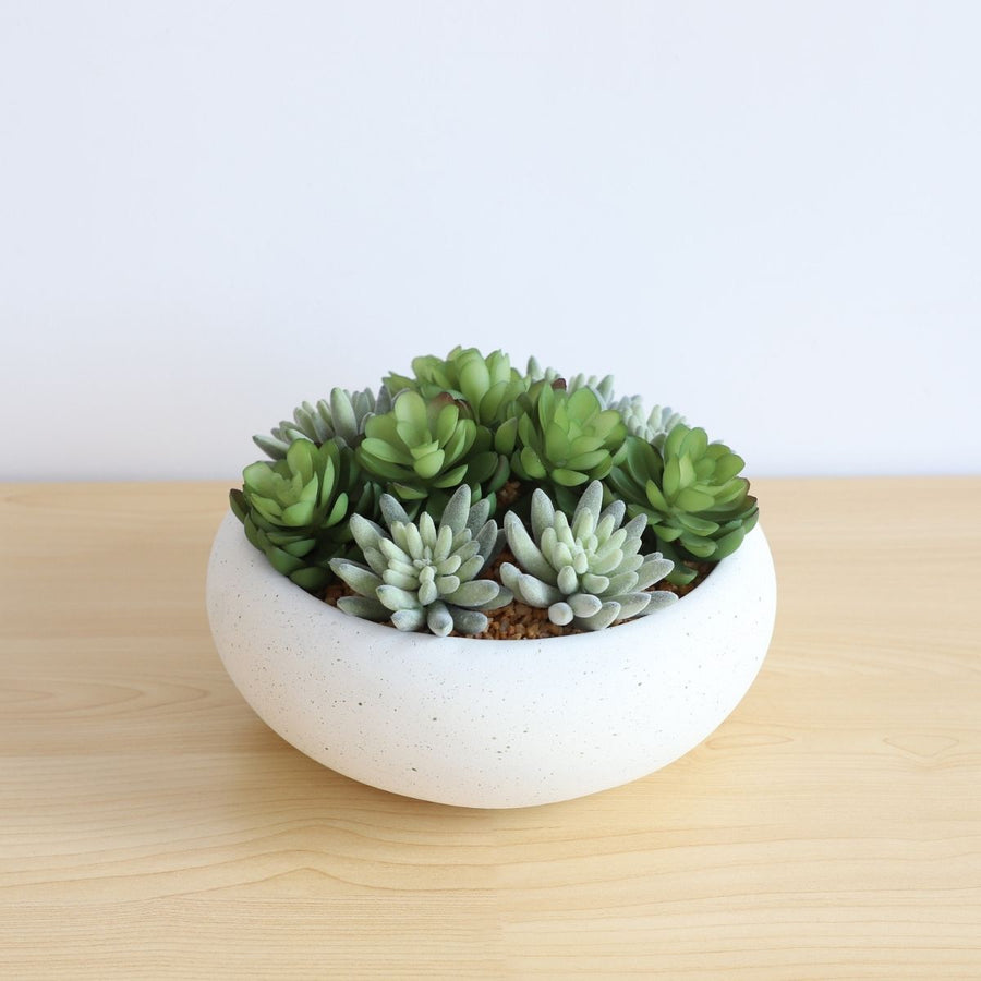 ARRANGEMENT DE SUCCULENTES ARTIFICIELLES EN POT BLANC DECOR CONTEMPORAIN EXTERIEUR