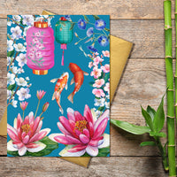 CARTE VIERGE DECORATIVE JAPONAISE AVEC ACCENTS DORÉS