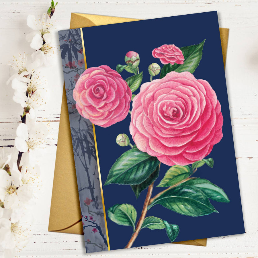 CARTE FLEUR CAMELIA ROSE AVEC ACCENTS DORÉS