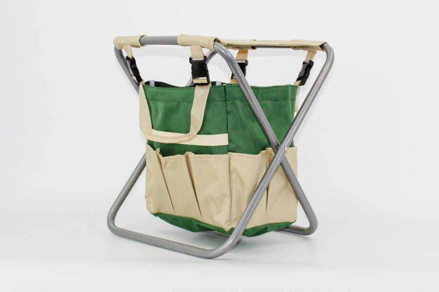 GARDEN BENCH WITH FABRIC TOOL STORAGE POUCH