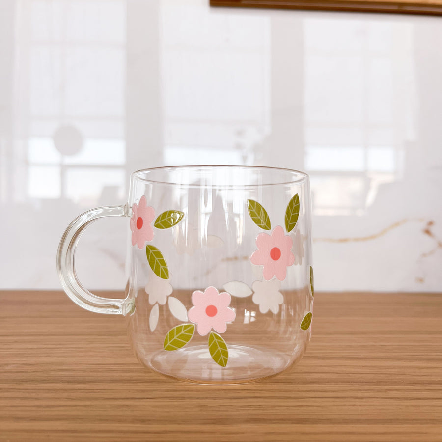 TASSE EN VERRE CLAIR - FLEURS MAXI ROSE