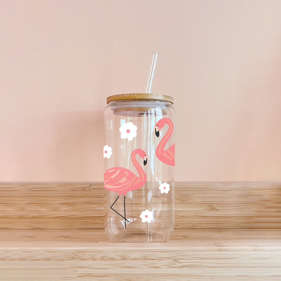 VERRE REUTILISABLE BOHO FLAMANT ROSE AVEC COUVERCLE