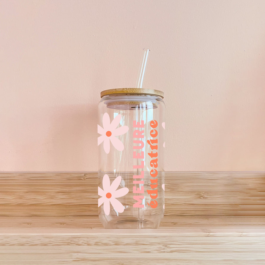 VERRE MEILLEURE EDUCATRICE- FLEURS ROSES