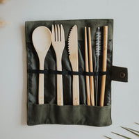 USTENSILES DE VOYAGE EN BAMBOU AVEC ETUI RÉUTILISABLE ZÉRO DÉCHET POUR BUREAU RANDONNÉE